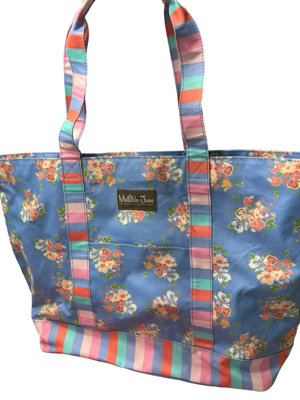 Matilda Jane Blue Floral Tote with Multicolor Striped Accents